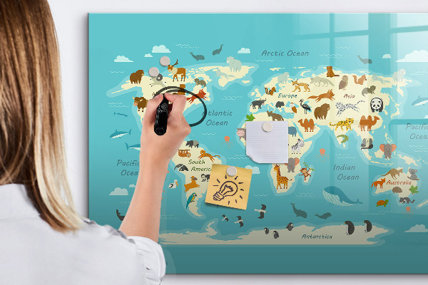 Magnetická popisovateľná tabuľa Mapa sveta s ilustráciami a fotografiami