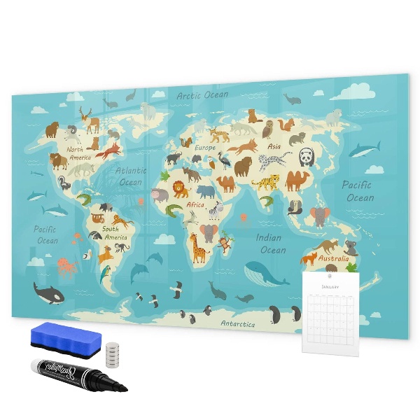 Magnetická popisovateľná tabuľa Mapa sveta s ilustráciami a fotografiami