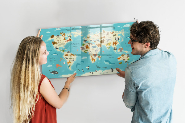 Magnetická popisovateľná tabuľa Mapa sveta s ilustráciami a fotografiami