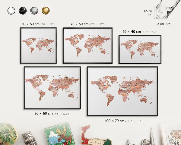 Magnetická dekoračná tabuľa na stenu v čiernej rame Tehlová mapa