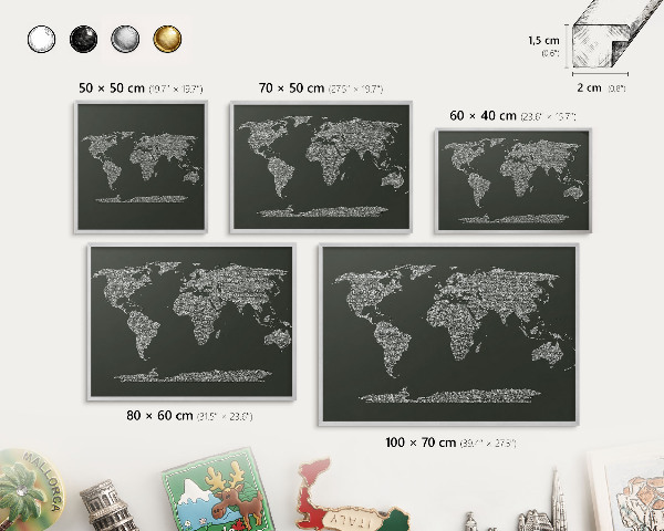 Plechová tabuľa na magnetky v striebornej rame Textová mapa