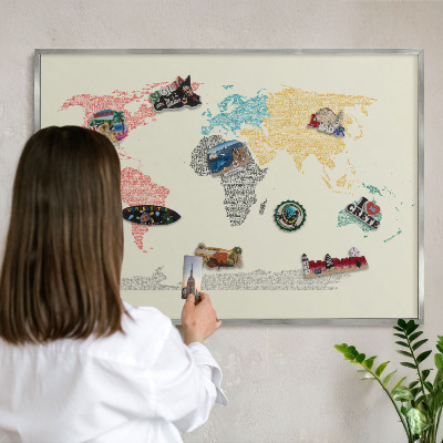 Nástenná tabuľa na magnetky strieborná rama Mapa sveta