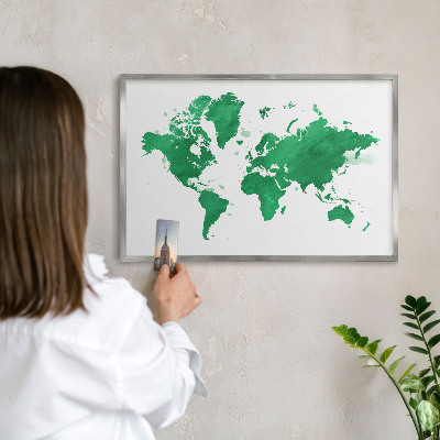 Plechová tabuľa na magnetky v striebornej rame Zelená mapa