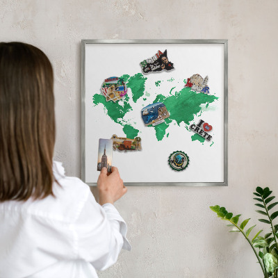 Plechová tabuľa na magnetky v striebornej rame Zelená mapa