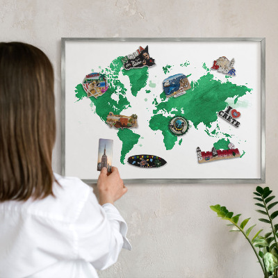Plechová tabuľa na magnetky v striebornej rame Zelená mapa