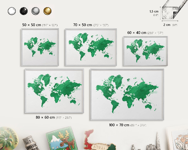 Plechová tabuľa na magnetky v striebornej rame Zelená mapa