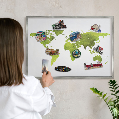Nástenná tabuľa na magnetky strieborná rama Zelená mapa