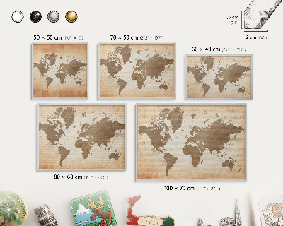 Plechová tabuľa na magnetky v striebornej rame Mapa sveta