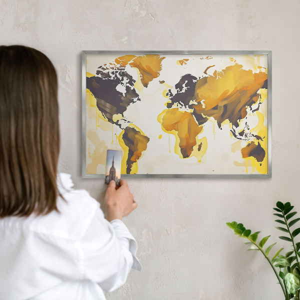 Plechová tabuľa na magnetky v striebornej rame Mapa sveta