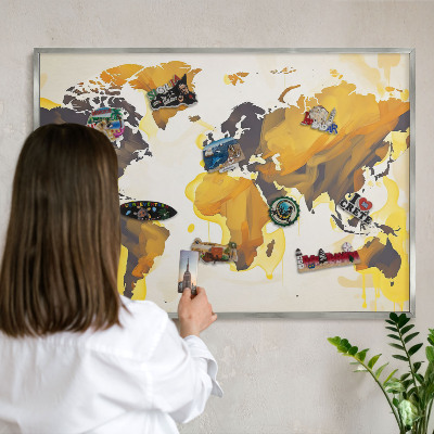 Plechová tabuľa na magnetky v striebornej rame Mapa sveta