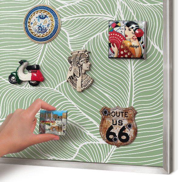Plechová tabuľa na magnetky v striebornej rame Tropické listy