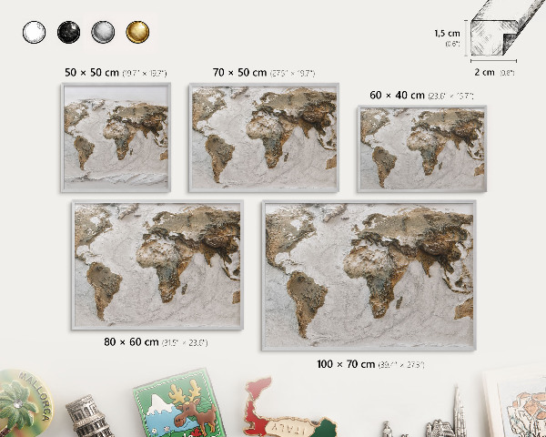 Plechová tabuľa na magnetky v striebornej rame Reliéfna mapa