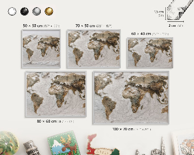 Plechová tabuľa na magnetky v striebornej rame Reliéfna mapa