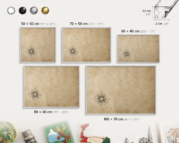 Plechová tabuľa na magnetky v striebornej rame Veterná ružica