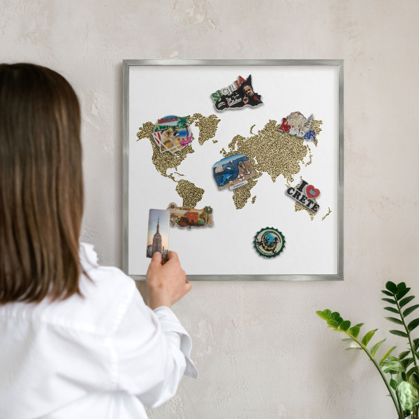 Nástenná tabuľa na magnetky strieborná rama Mapa sveta