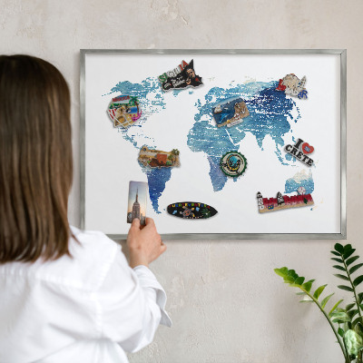 Plechová tabuľa na magnetky v striebornej rame Akvarelová mapa