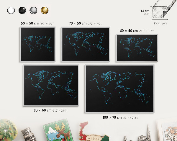 Nástenná tabuľa na magnetky strieborná rama Mapa sveta