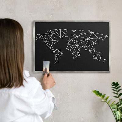 Plechová tabuľa na magnetky v striebornej rame Mapa sveta