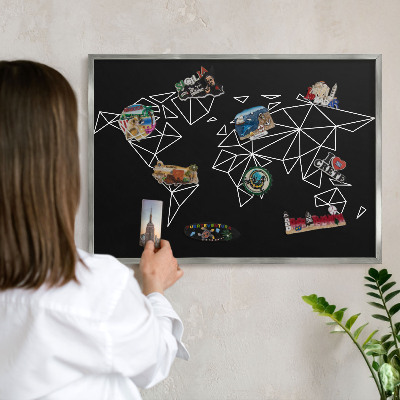 Plechová tabuľa na magnetky v striebornej rame Mapa sveta