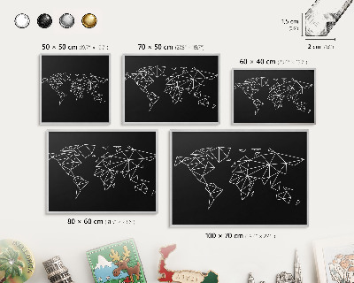 Plechová tabuľa na magnetky v striebornej rame Mapa sveta