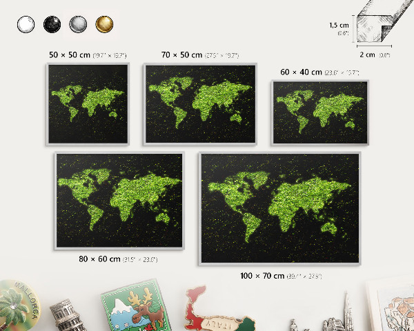 Plechová tabuľa na magnetky v striebornej rame Zelená mapa