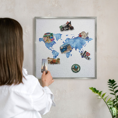 Plechová tabuľa na magnetky v striebornej rame Akvarelová mapa