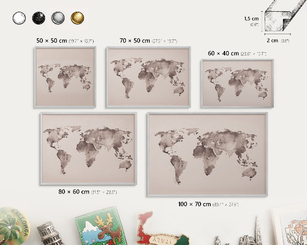 Nástenná tabuľa na magnetky strieborná rama Mapa sveta