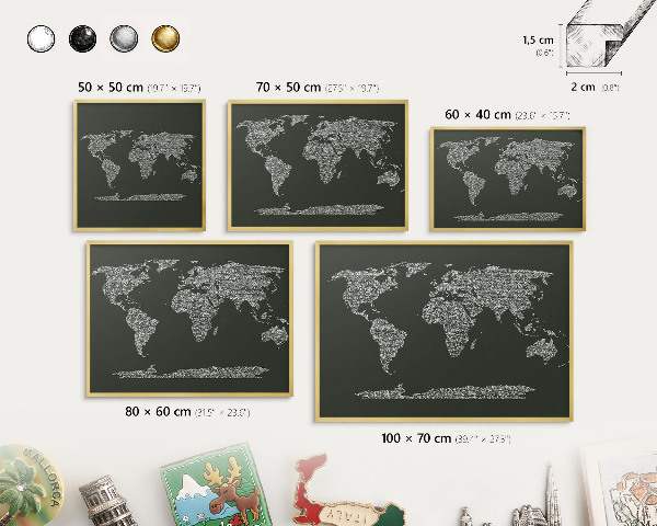 Tabuľa na magnetky z ciest v zlatej rame Textová mapa