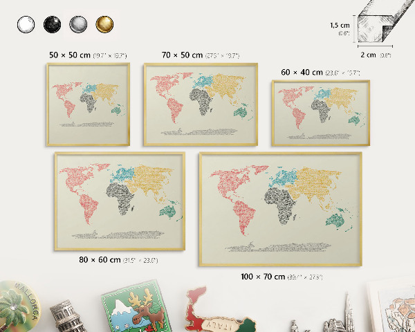 Magneticka tabula na stenu zlatá rama Mapa sveta