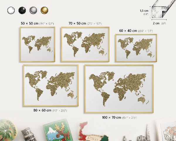 Magneticka tabula na stenu zlatá rama Mapa sveta
