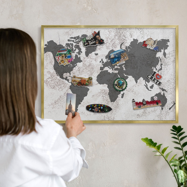 Tabuľa na magnetky z ciest v zlatej rame Mapa sveta
