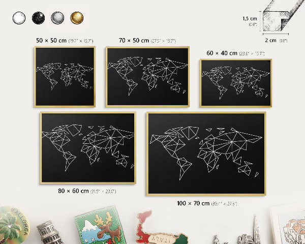 Tabuľa na magnetky z ciest v zlatej rame Mapa sveta