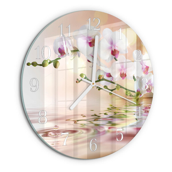 Okrúhle sklenené hodiny Orchidea