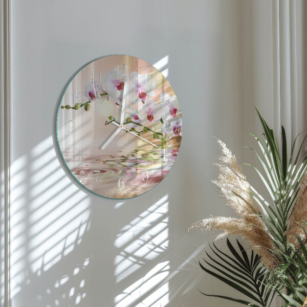 Okrúhle sklenené hodiny Orchidea