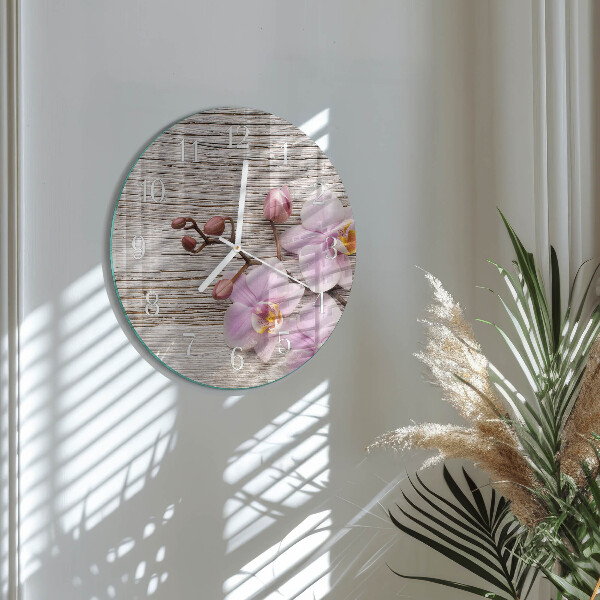 Okrúhle sklenené hodiny Orchidea
