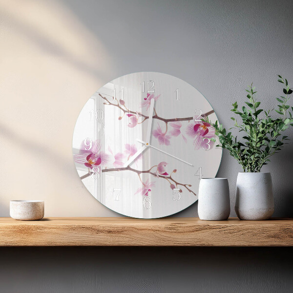 Okrúhle sklenené hodiny Orchidea