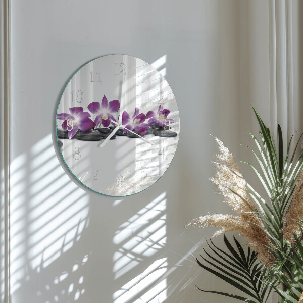 Okrúhle sklenené hodiny Orchidea