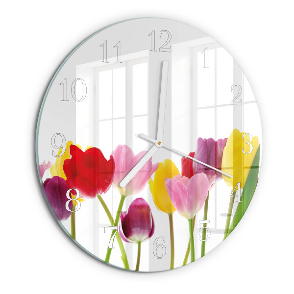 Okrúhle sklenené hodiny Farebné tulipány