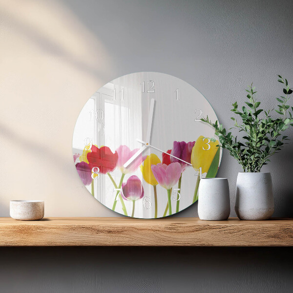 Okrúhle sklenené hodiny Farebné tulipány