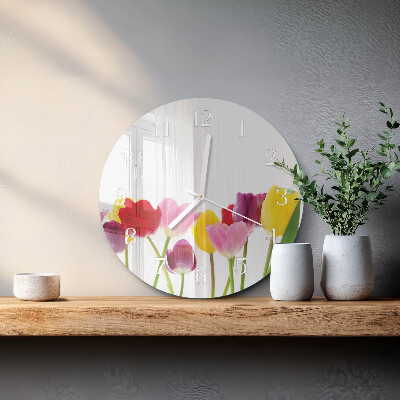Okrúhle sklenené hodiny Farebné tulipány