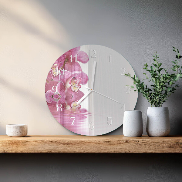 Okrúhle sklenené hodiny Orchidea