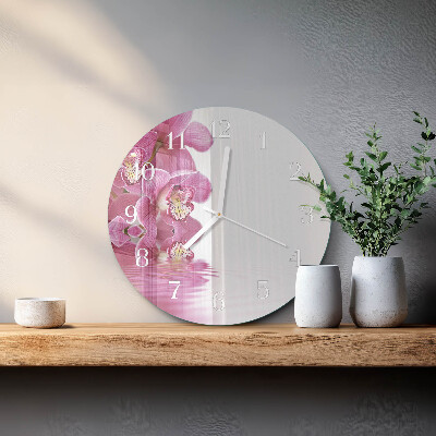 Okrúhle sklenené hodiny Orchidea