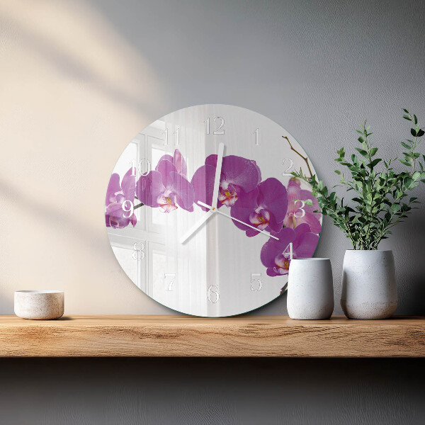 Okrúhle sklenené hodiny Orchidea