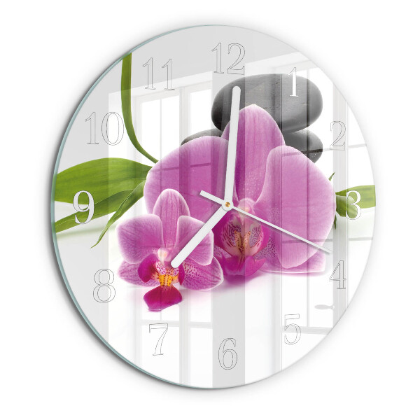 Okrúhle sklenené hodiny Orchidea