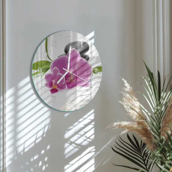 Okrúhle sklenené hodiny Orchidea