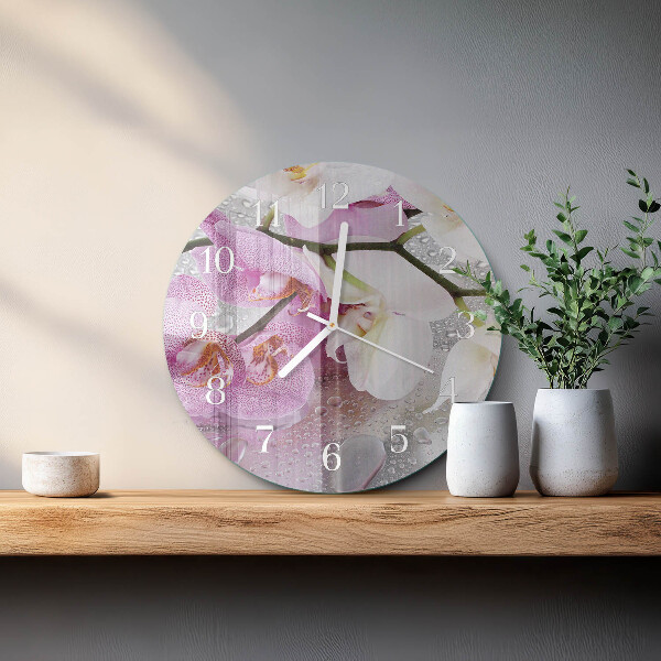 Okrúhle sklenené hodiny Orchidea