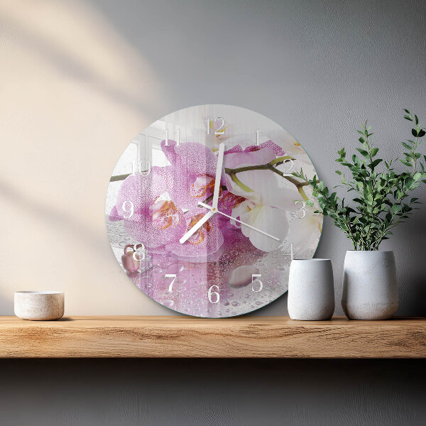 Okrúhle sklenené hodiny Orchidea