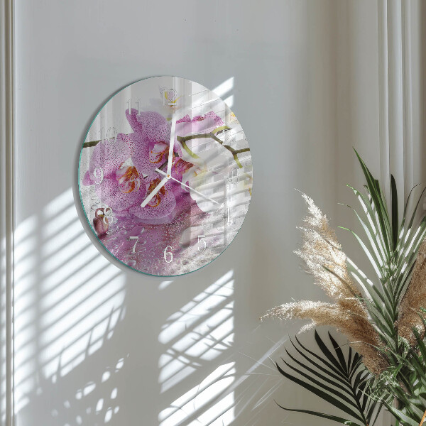 Okrúhle sklenené hodiny Orchidea