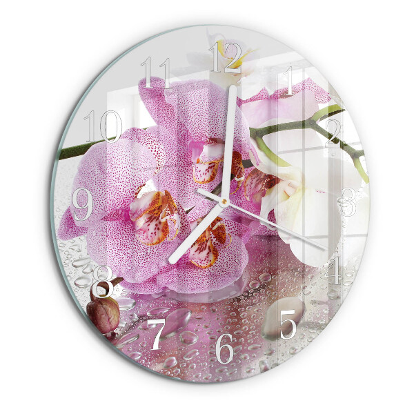 Okrúhle sklenené hodiny Orchidea
