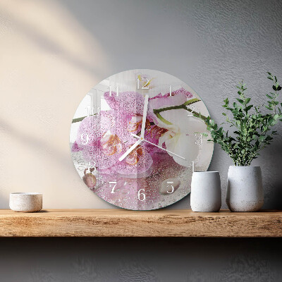 Okrúhle sklenené hodiny Orchidea